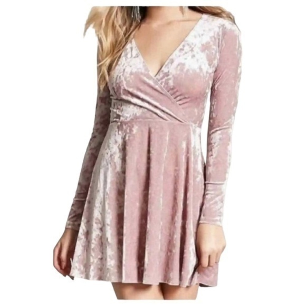F21 Fit And Flare Pink Crushed Long Sleeve Fit and Flare Mini Dress Size S - Picture 1 of 8